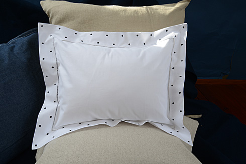 Hemstitch Baby Pillow 12"x16". Black Swiss Polka Dots.